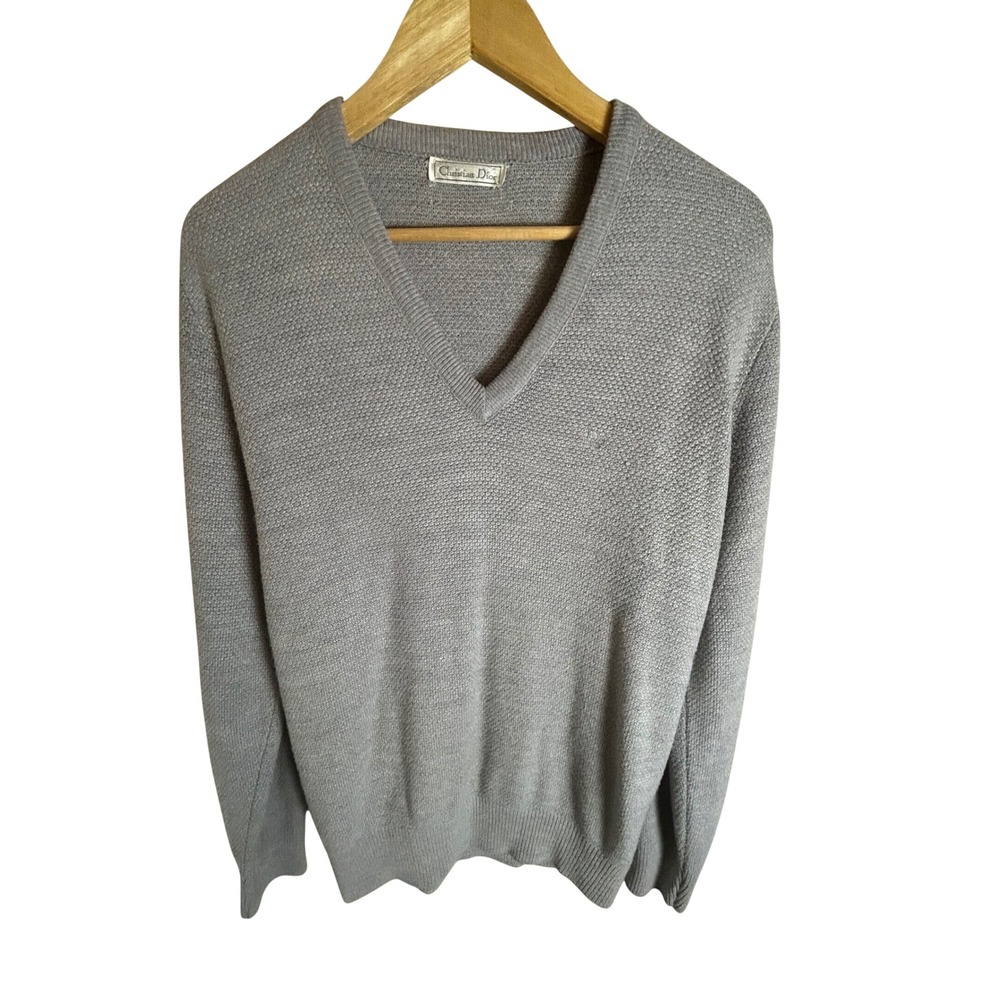 Christian Dior Sweater Mens L Gray V-Neck Orlon Acrylic Vintage Logo